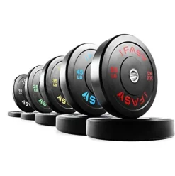 SimpleL Olympic Barbell Black Rubber Bumper Plates Set – 340LBs Total