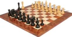 The Chess Store Bucephalus Staunton Chess Set Ebony & Boxwood with Elm Burl & Erable Board 4.5″ King