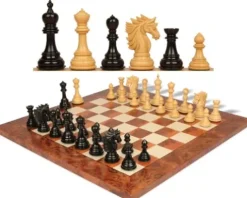 The Chess Store Bucephalus Staunton Chess Set Ebony & Boxwood with Elm Burl & Erable Board 4.5″ King
