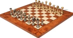 The Chess Store Classic Persian Staunton Solid Brass Chess Set with Elm Burl Board