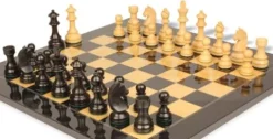 The Chess Store German Knight Staunton Chess Set Ebonized & Boxwood with Black & Ash Burl Board 3.75″ King