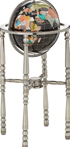 Unique Art Since 1996 Black Onyx Ocean Gemstone World Globe with Silver Stand