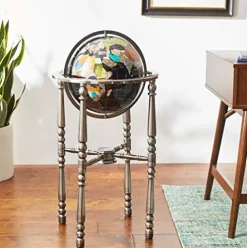 Unique Art Since 1996 Black Onyx Ocean Gemstone World Globe with Silver Stand