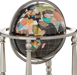 Unique Art Since 1996 Black Onyx Ocean Gemstone World Globe with Silver Stand