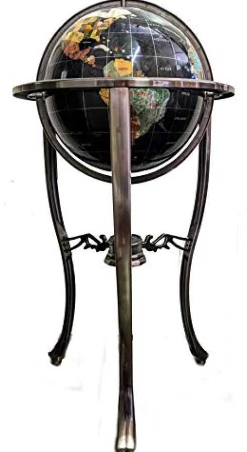 Unique Art Since 1996 Black Pearl Swirl Floorstanding Gemstone Globe with Silver Tripod Stand