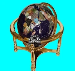 Unique Art Since 1996 Blue Lapis Ocean Table Top Gemstone World Globe with Gold 4-Leg Stand