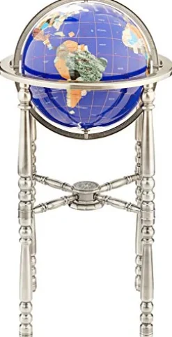 Unique Art Since 1996 Blue Lapis Gemstone World Globe with Silver Stand