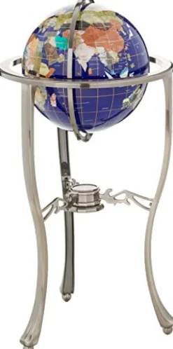 Unique Art Since 1996 Floor Standing Blue Lapis Gemstone World Globe 36×13 Inch with Silver Tripod