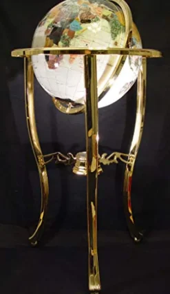 Unique Art Since 1996 Pearl Ocean Gemstone World Globe with Gold Tripod Pearl White
