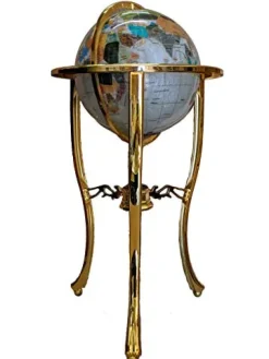 Unique Art Since 1996 Pearl Ocean Gemstone World Globe with Gold Tripod Pearl White