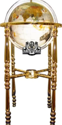 Unique Art Since 1996 Pearl White Gemstone World Globe with Gold Stand