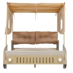 YOPTO Kids Car-Shaped Floor Bed with LED Lights & Magazine Holder Natural